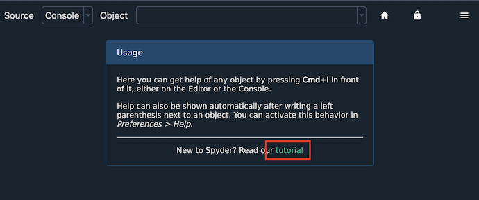 Spyder Help pane showing the link for the Spyder's tutorial